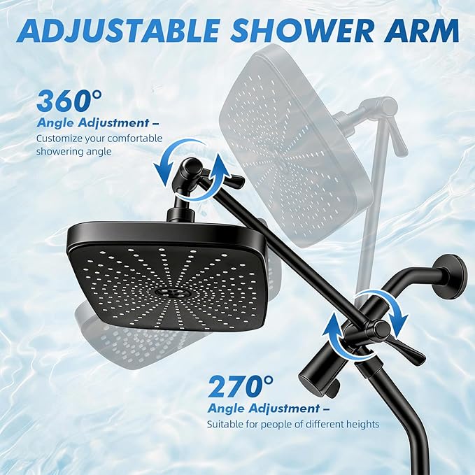 Shower Head with Handheld, 12" High Pressure Rain Shower Heads with Filtered Handheld Spray Combo, Black Showerheads & Hand Held Showers Set with Adjustable Extension Arm for Bathroom