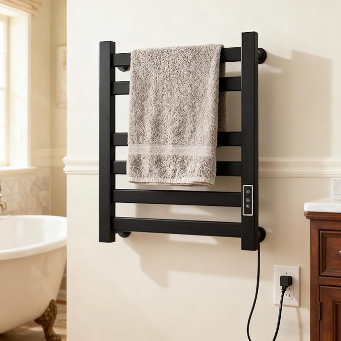 Verida Towel Warmer Rack, Heated Towel Rack for Bathroom, Wall-Mounted Plug (Not Hardwired), Aluminum Alloy, with Timer and Temperature Adjustment, Overheat Protection Function(Medium Black)