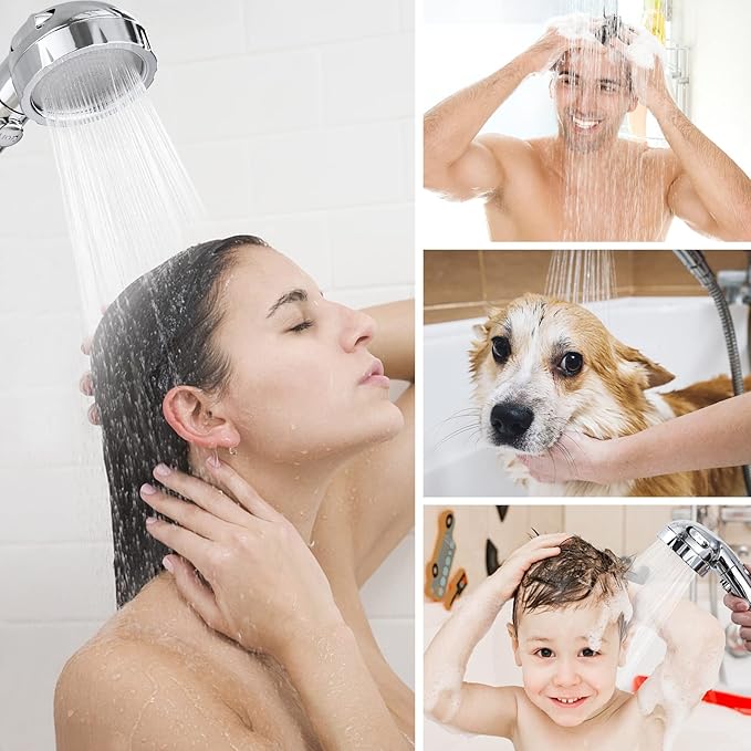 HANLIAN High Pressure Shower Head with Pause Button, 3 Spray Modes Shower Head for RV Camper, Water Saving On Off Shower, Handheld Shower Head with Hose and Adjustable Self-adhesive Holder (Chrome)