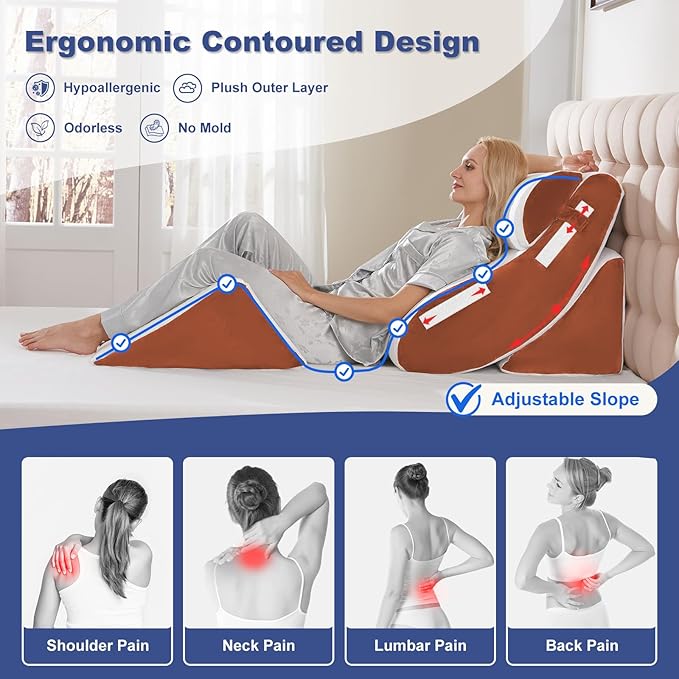 WSOFRLAC Orthopedic Bed Wedge Pillow Set 4PCS – Memory Foam Pillows for Sleeping, Post Surgery, Back Pain, Sitting Up in Bed, Acid Reflux, Snoring, Leg & Arm Support, White Brown