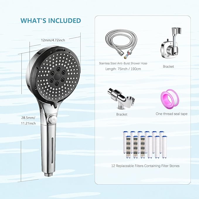 Filtered Shower Head with Handheld - High Pressure 6 Spray Modes Showerhead with Filters, Shower Head With Movable Bracket & 75" Anti-Burst Hose | 12 Replaceable Water Softener Filters for Hard Water