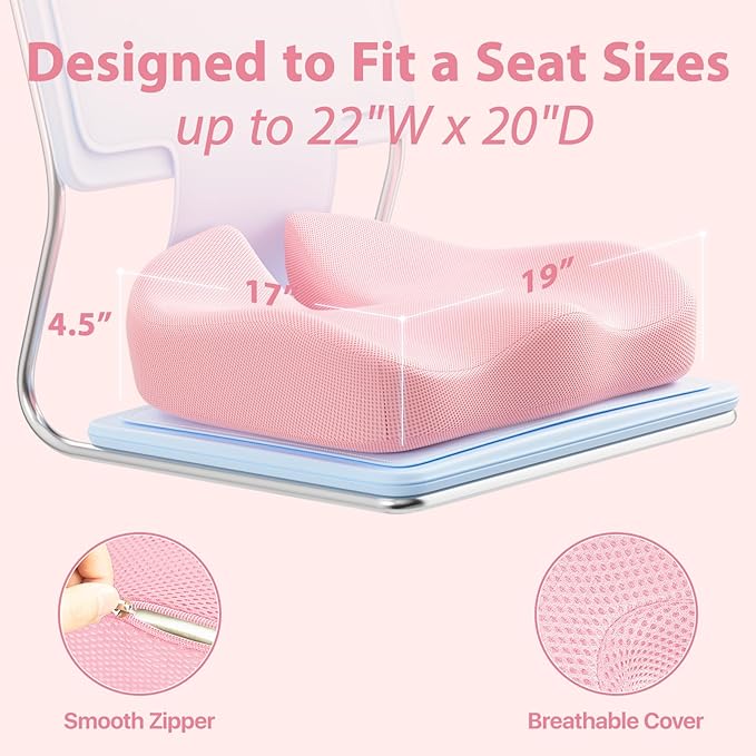 CJACSOC Seat Cushion, Extra Large Memory Foam Cushion for Office Chair Cushions, Ergonomic Cushions Pad Pillow for Pressure Relief Sciatica & Pain Relief for Long Sitting, Pink