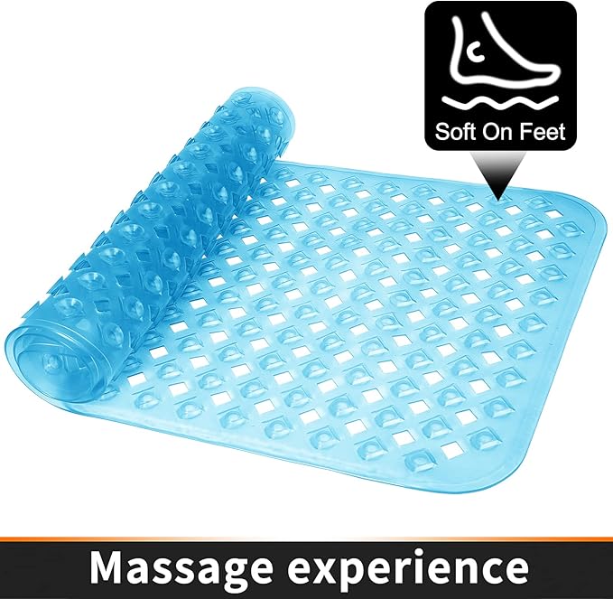 Yimobra Bathtub Mat Non Slip, Super Strong Suction Cups, 27.5"x15.5" Long Shower Mat with Drain Holes, Machine Washable Fast Draining Bath Mats, Bathroom Essentials,Clear Blue