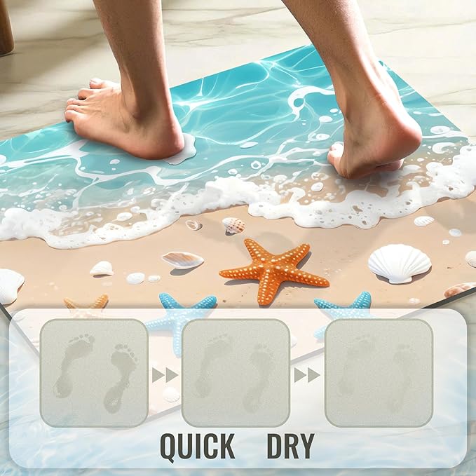 Quick Dry Bath Mat for Bathroom,Super Absorbent Beach Seashell Bath Rug Non-Slip Rubber Backing,Machine Washable Bathroom Floor Mat for Shower, Tub, Sink Area Ocean Blue 30x20