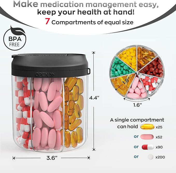 HIONXMGA Pill Dispenser with 7 Large Compartments, 4.4" H x 3.6" Dia Pill Bottle Organizer for Travel,Supplement Organizer with Anti-Mixing Design,BPA-Free Pill Container with 20 Pcs Labels Black 2pcs