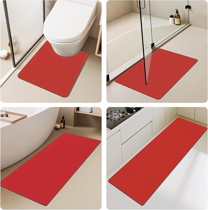 TYUU Christmas Bath Mat, Red Bathroom Rugs Non Slip Washable Thin Absorbent Bath Mat Fits Under Door Bathroom Floor Mat Perfect for Bath, Shower, or Sink 16"x24" Red