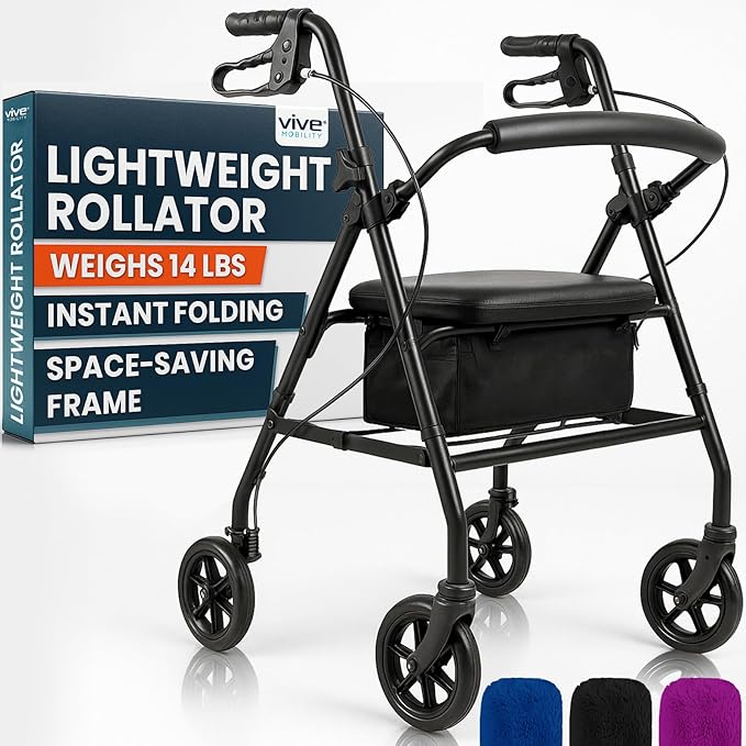 Vive Ultra Lightweight Rollator Walker with Seat - Foldable, Narrow, Rolling Senior Walker for Small Spaces - 4 Wheel Aluminum Adult Easy Drive Aid with Underseat Accessory