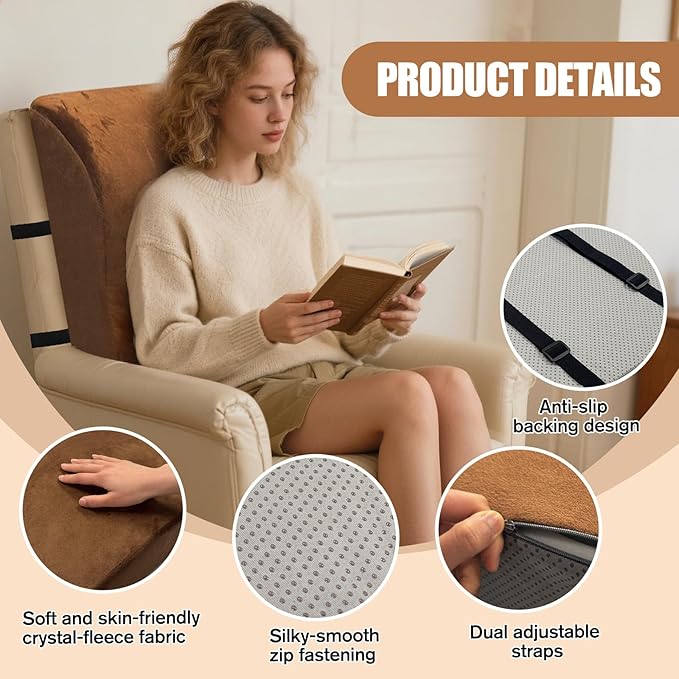 2 in 1 Recliner Neck and Lumbar Support Pillow Ergonomic Foam Cushion with Anti-Slip Backing & Adjustable Straps for Chair, Sofa, or Glider(Brown)