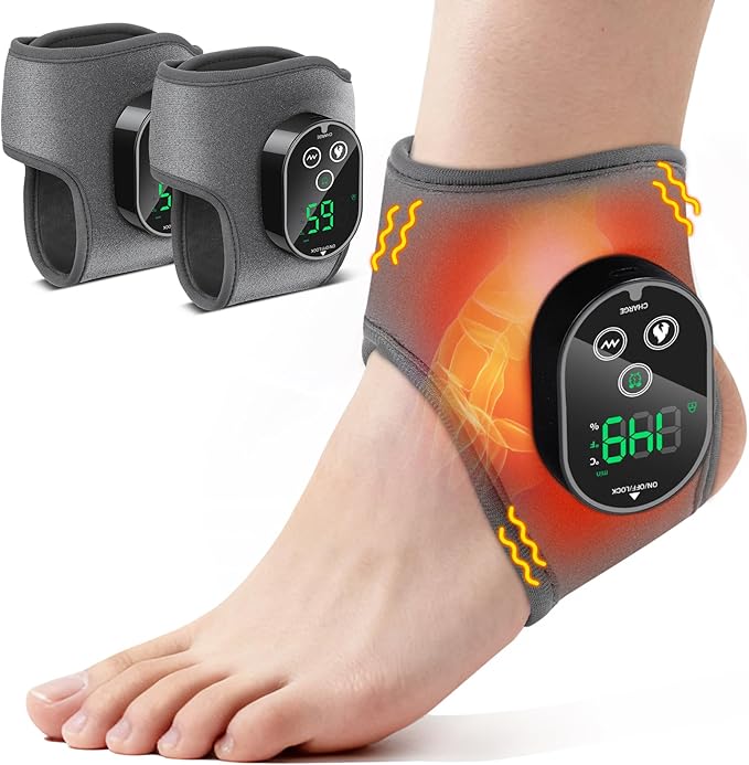 Cordless Ankle Massager, Ankle Heating Pad with Massage, Heated Foot Brace Wrap with 3000mAh Rechargeable, 4 -Level Heats, Foot Heating Pad for Sports/Work/Travel (Grey)