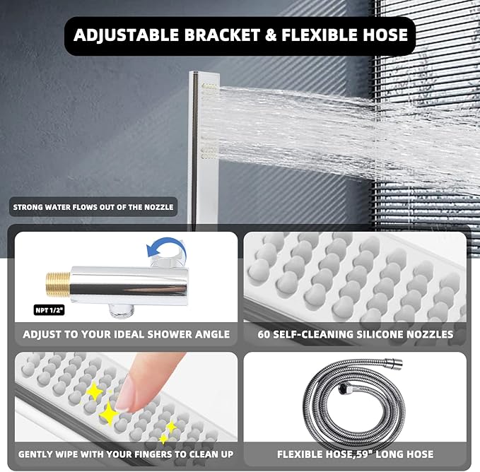 Solid Brass Handheld Shower Head Arc Design High Pressure Polished Chrome Hand Shower Wand with Adjustable Supply Elbow Wall Connector Shower Holder and 59″ Stainless Steel Hose Set