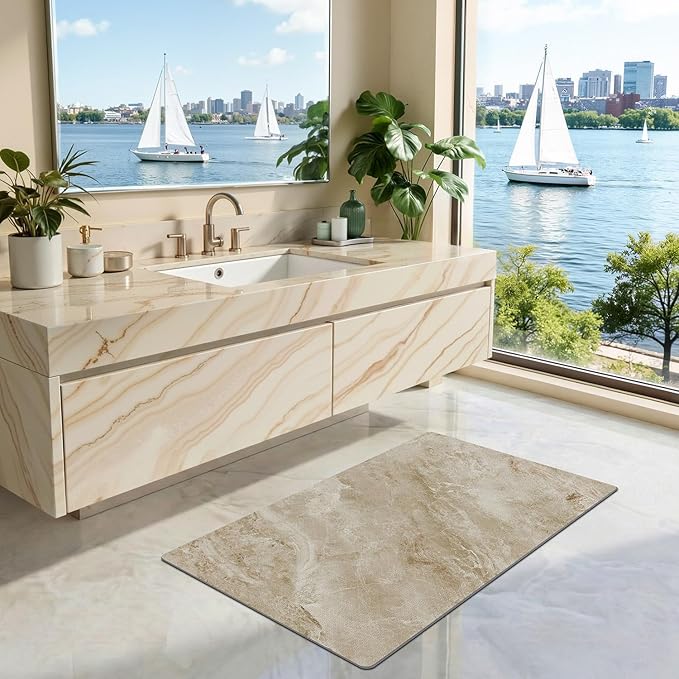 LUMI Ultra Thin Bath Mat, Super Absorbent Quick Dry Bathroom Rugs, Non-Slip Bathroom Mats, Marble Bathmats Fit Under Door, Bathtub, Sink, Shower Room, 24"x44", Brown