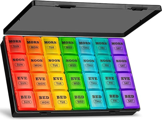 XL Large Weekly Pill Organizer 4 Times a Day, 7-Day Pill Boxes and Organizer AM PM, Big Compartments Pill Case, Monthly Medication Organizer 28 Days Dispenser for Fish Oils