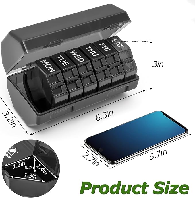 Weekly Pill Organizer 4 Times a Day, Large Pill Box 7 Day Daily Pill Case with 28 Extra Large Compartments Portable Travel Pill Container Big Medicine Organizer for Supplement Vitamin (Black)