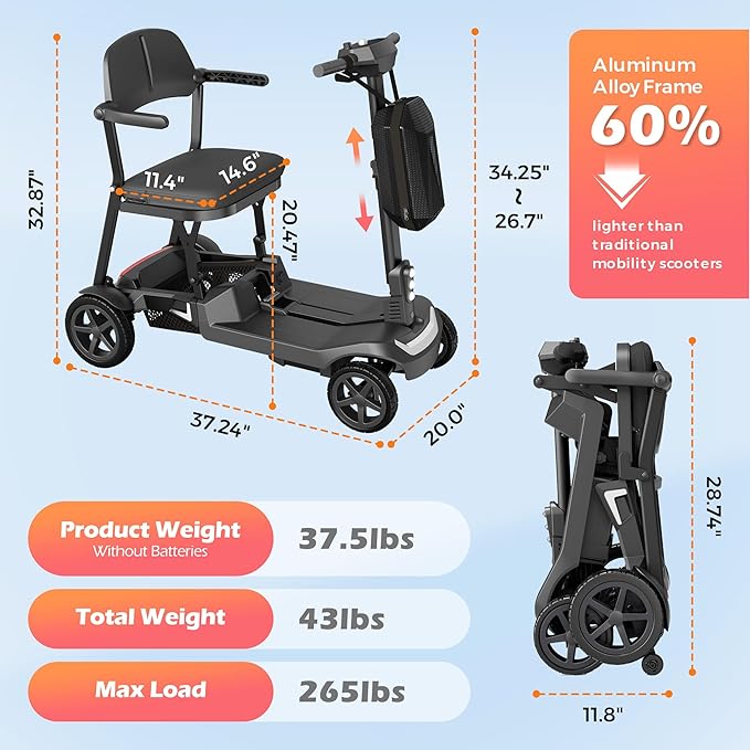 Lightweight Mobility Scooter for Seniors & Adults - 37.5 lb Dual Lithium Batteries 24.8 Miles Range, Cruise & Airline Approved, Foldable Portable Travel Motorized Scooter, No Tools Needed, Black