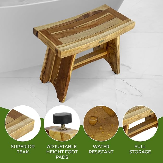 EcoDecors 24 Inch Serenity Teak Shower Bench – Waterproof Bathroom Seat | Spa-Style Teak Wood Stool for Adults & Seniors | Safe Non-Slip Feet | Elegant Finish | 250 Pound Capacity