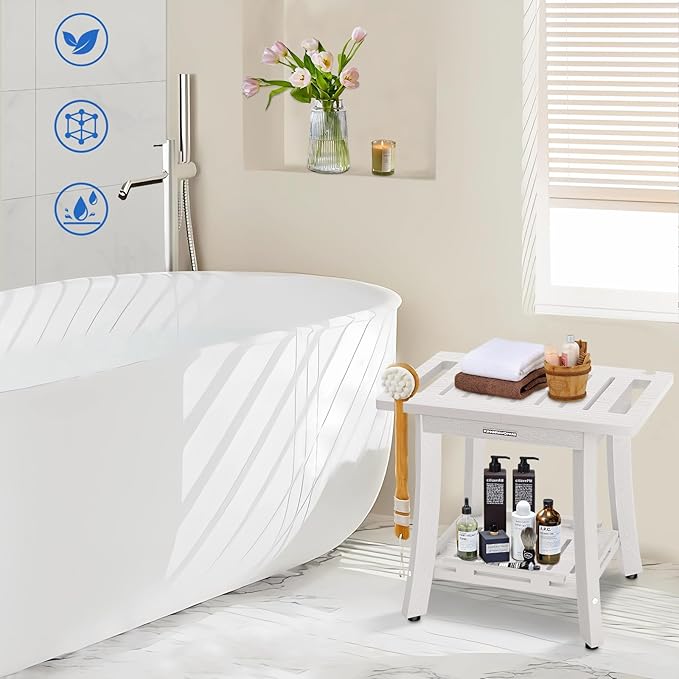 KingPavonini HDPS Shower Benches for Inside Shower to Sit on, Waterproof Shower Stool for Shaving Legs, 400LBS Shower Seat with Storage Shelf, Shower Chair for Inside Shower