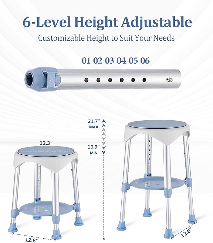 Shower Stool with Storage Tray, Height Adjustable Rotating Shower Chair for Seniors and Adults, 360° Swivel Tub Transfer Bench for Bathroom and Inside Shower (Blue)
