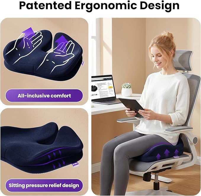 ZZ-WELL Seat Cushions for Office Chairs - Ergonomic Tailbone Pain Pressure Relief Seat Cushion - Extra Large & Thick Design Memory Foam Office Chair Cushion, 21.2" W X 16.5" L (Blue)