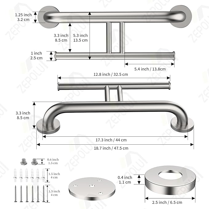 Brushed Nickel Handicap Grab Bar w/Toilet Paper Roll Holder, Zepolu 2-in-1 Safety Assist Bar Balanced Support Handle 17 Inch, Stainless Steel Wall Mounted Bathroom Toilet Grab Bar for Senior Elderly