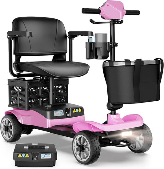 Mobility Scooter for Adults with Spare Battery – 24.8 Miles Total Range, 4-Wheel Foldable Portable Motorized Scooter, 330 lbs Capacity, Dual Baskets, Cup & Phone Holder, Pink