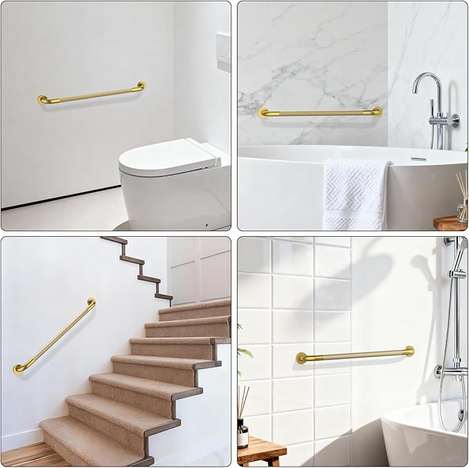 Shower Grab Bar 32 Inch, iHansee Brushed Gold Bathroom Grab Bar w/Anti-Slip Knurled Grip, Stainless Steel Bath Safety Bars Support Handrail for Senior Elderly, Toilet Bathtub Balance Handle for Wall