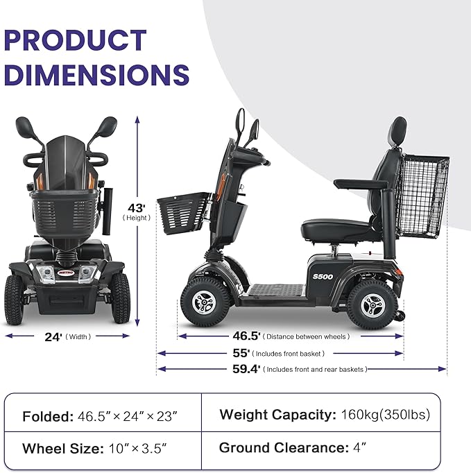 S500 4-Wheel Electric Mobility Scooter, Long-Range 52Ah Battery Up to 25 Miles, 500W Heavy-Duty Motor, 10” Pneumatic Tires, Adjustable Captain Seat, Storage Baskets for Seniors, Gloss Black