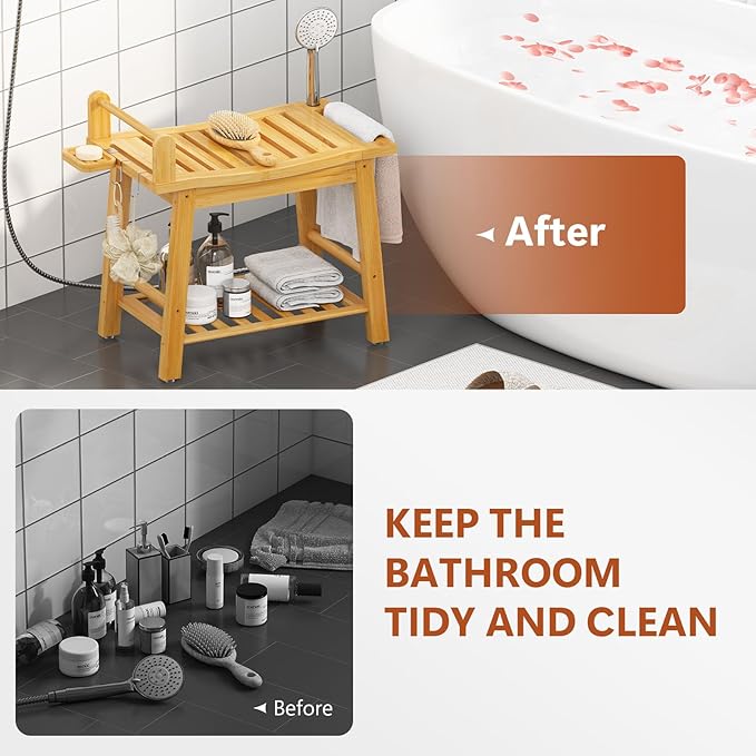 Bamboo Shower Benches for Inside Shower to Sit on, 2-Tier Shower Stool Waterproof with Arm, Heavy Duty Bathroom Bench with Storage Shelf and Shower Header Holder for Seniors, Disabled, Women, Natural