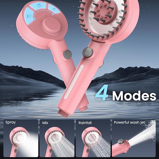 PWERAN Filtered Shower Head with Handheld, High Pressure 4 Spray Mode Showerhead with Filters, Water Softener Beads for Hard Water with ON/OFF Switch for Pets - Remove Chlorine (Pink, 5 Inch Panel)