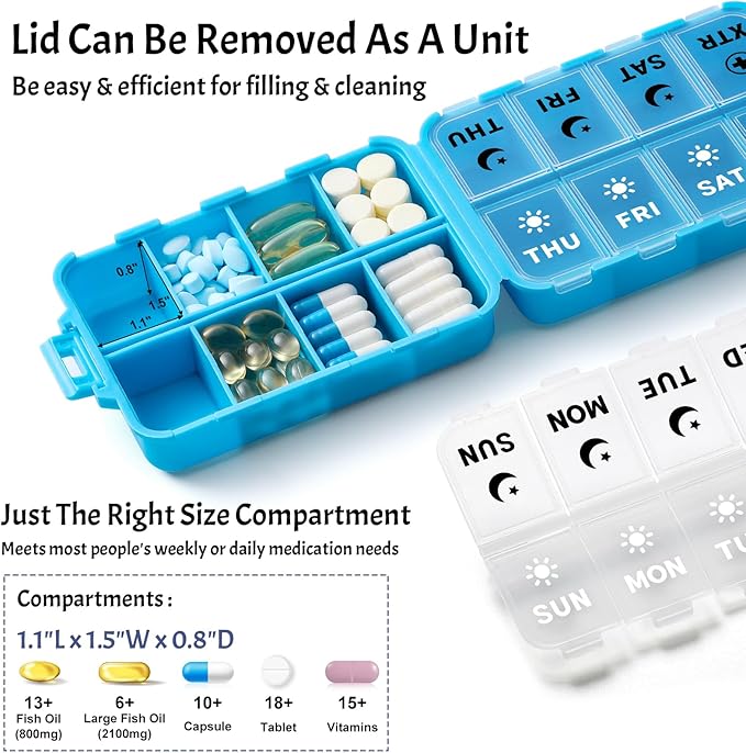 Foldable Weekly Pill Organizer 2 Times a Day with 2 Extra Compartments (Clear Printed Labels) - Portable 7 Day AM PM Medicine Box, Week Daily Travel Pill Case Holder for Vitamin, Supplement - Blue