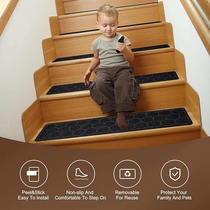 15 Pack 8 "X 30" Non-Slip Carpet Stair Treads for Indoor Wooden Steps, Made of Polyester and Reusable Adhesive, Suitable for Kids Elders and Pets（Black Hexagon）