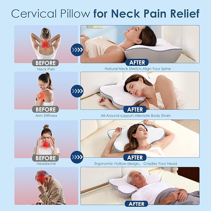 The Original Patented Cervical Neck Pillow for Pain Relief, Ergonomic Neck Support Pillow with 3D Ice-Silk Mesh Cover and Oeko-TEX Memory Foam, Orthopedic Pillow for Back Stomach Sleepers (White)
