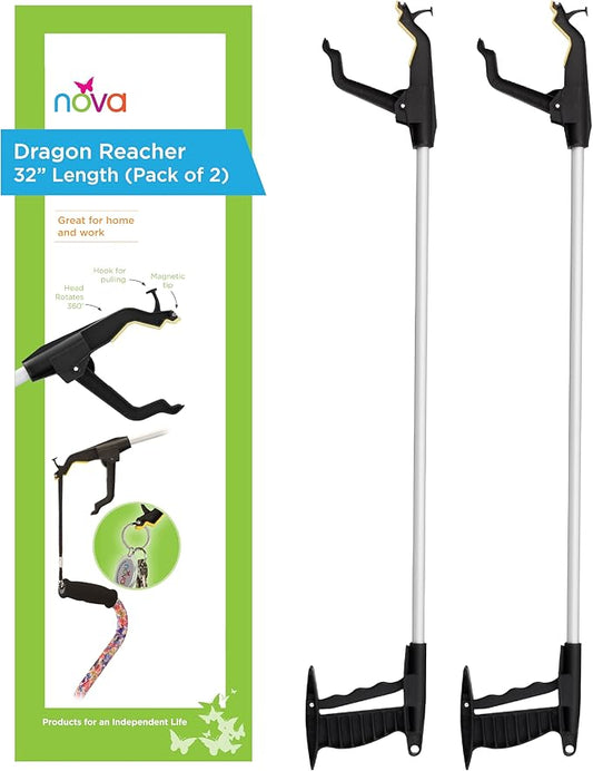 NOVA Reacher Grabber Tool for Seniors – 32” Lightweight Pick Up Stick with Rotating Claw, Magnetic Tip & Hook, Easy-Grip Handle, Daily Living Aid for Limited Mobility, 2-Pack