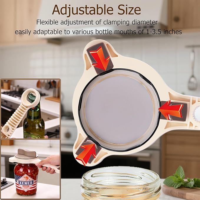 4-in-1 Jar Opener, Adjustable Jar Opener for Seniors, Kitchen Tool Designed Specifically for Seniors and Those with Limited Physical Strength, Suitable For Beer, Salad Dressing, Jar (Beige)