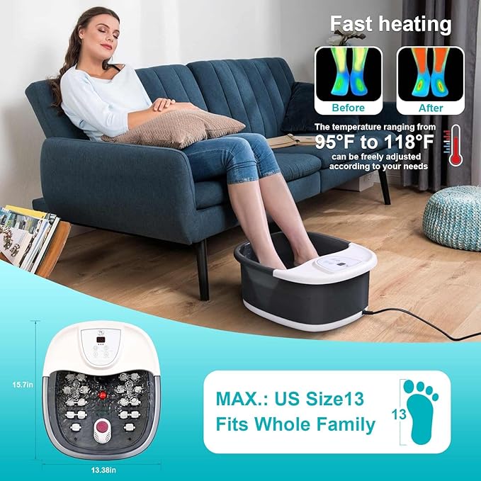 ECARBME Foot Spa Bath Massager with Heat, Foot Bath with 22 Massage Rollers, Temperature Control, Jets, Bubbles, Epsom Salt and Vibration, Foot Soaking Tub for Relaxation - Grey