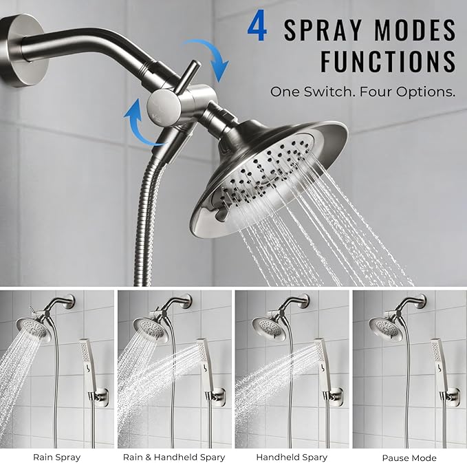 G-Promise All Metal High Flow Shower Diverter Valve with Adjustable Shower Head Holder, Universal 3-Way Splitter with Pause Mode for Handheld and Fixed Spray Head Adapter Replacement (Brushed Nickel)