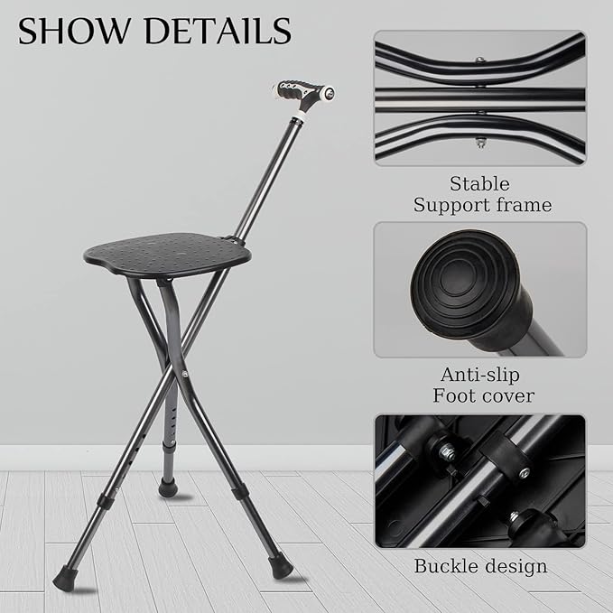 Yayayo Hold 440 lbs Folding Canes with Seat Walking Stick Height Adjustment Cane Seat Capacity Frosted Handle with Magnetic Therapy Stone Crutches Stool