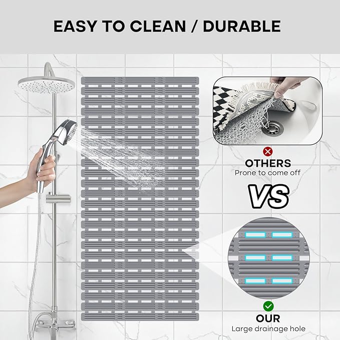 XIYUNTE Rubber Bath Mat for Tub Non Slip, 36 x 16 inches Bathtub Mat Non Slip Shower Mats for Inside Shower, Safety Anti Slip Shower Mat with Suction Cups, Easy to Cut Bath Tub Mat, Ink Gray