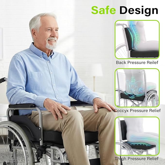 Bed Sore Wheelchair Cushions, 2-Piece Set - Wheelchair Lumbar Pillow,Gel Infused Seat Cushion, 18”x16” for Sciatica, Back & Coccyx Pain，Bedsore Pressure Relief, with Anti-Slip&Washable Cover