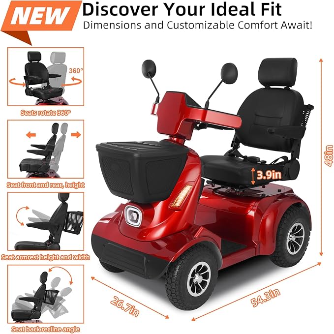 Heavy Duty Mobility Scooter for Seniors/Adults, 500LBS Capacity Electric Scooter, All Terrain Mobility Scooters, 1000W 15MPH, 13.78" Off Road Tires,32 Miles Long Range 4 Wheel Scooter, Red 32Miles