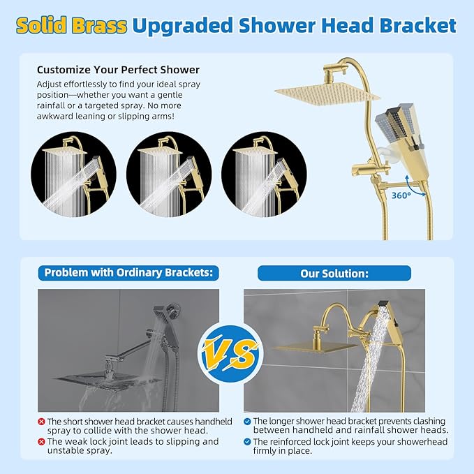 Hibbent All Metal cUPC Certified Shower Head, 10'' High Pressure Rainfall Shower Head Combo, Handheld Shower Wand, 12'' Adjustable Extension Arm, 4-Spray, 71'' Hose, Shower Holder, Brushed Gold