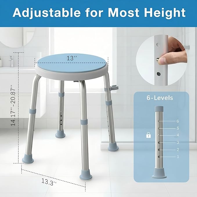 WHLICKS Swivel Shower Stool for Inside Shower, 360° Rotating Stool with Non-Slip Seat Pad, Adjustable Shower Chair for Seniors with 6 Height Levels, Lightweight Seat Up to 300 lbs, Tool-Free Assembly