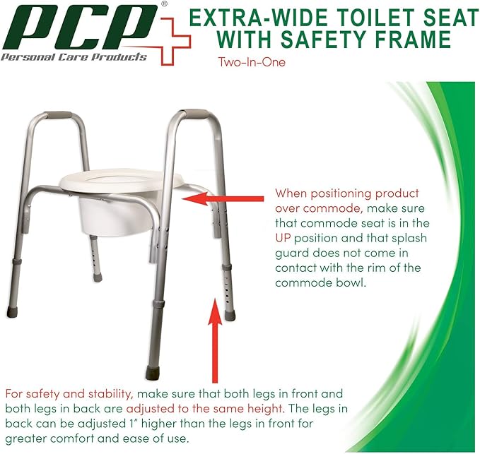 PCP Extra-Wide Raised Toilet Seat and Safety Frame, Two-in-One, Adjustable Height, Elevated Lift Bowl, Wide