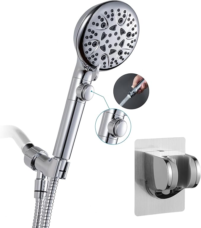 Handheld Shower Head with ON/OFF Switch,Detachable 8 Mode High Pressure Shower Wand with Long Hose and Bracket PLUS Extra Adhesive Holder for Lower Mount,Built-in Power Wash to Clean Tub,Silve
