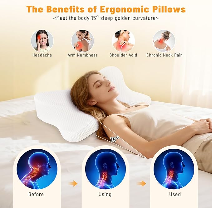 Cervical Neck Pillow Set of 2, Memory Foam Pillow for Neck Pain Relief, Ergonomic Bed Pillow with Neck Support for Side, Back & Stomach Sleepers, King, Dark Grey