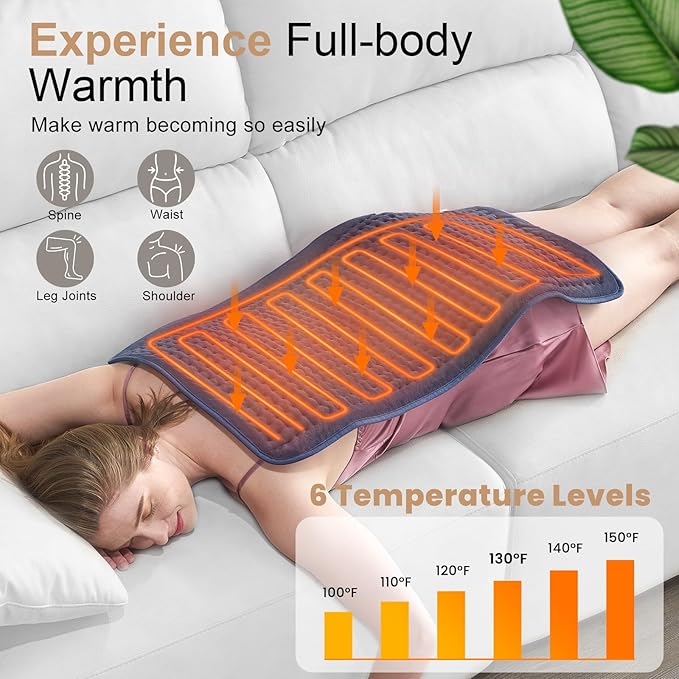 VAAGHANM Heating Pad: 33 x 17 inches Electric Heating Pad for Back -Extra Large Heat Pad for Shoulder/Neck/Knee/Arms - Upgraded 6 Timer & 6 Temperature Controller -Auto Shut Off