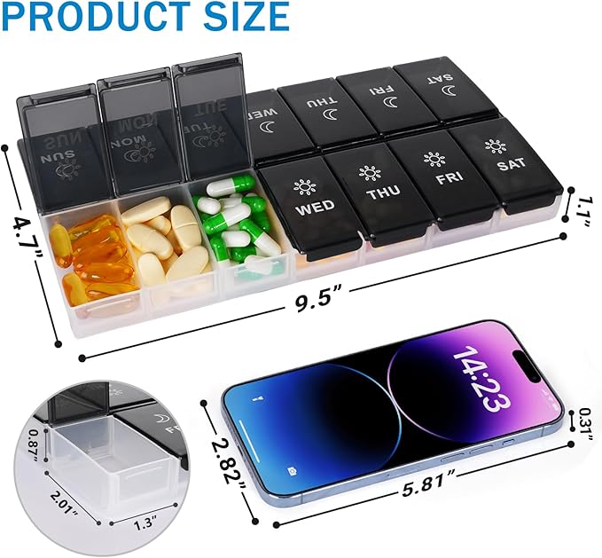 Mossime XL Large Daily Pill Organizer 2 Times a Day, Extra 7 Day Pill Box Am Pm, Weekly Day Night Vitamin Holder, Medicine Organizer, Big Pill Container, Medication Dispenser 14 Compartments
