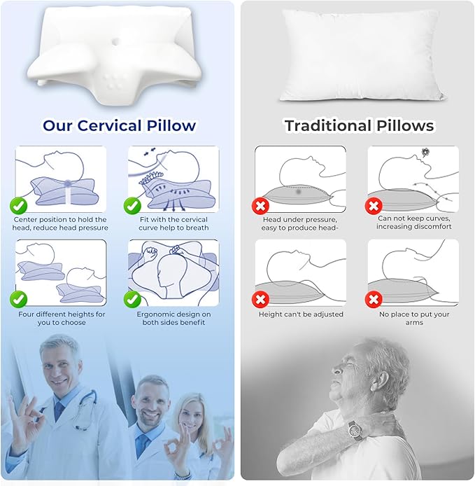 Cervical Pillow for Neck Pain Relief, Cooling Contour Memory Foam Pillows Support Odorless Ergonomic Neck Pillow Adjustable Orthopedic Bed Pillow for Side Back Stomach Sleeper,White