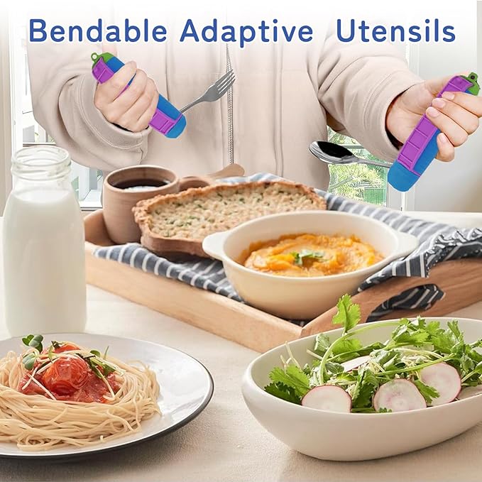 Adaptive Utensils Set, 2pcs Spoons Forks Set for Elderly, Weighted Utensils for Hand Tremors, Arthritis Weakness, and Parkinsons, with Non-Slip Easy Grip Handle, 360 Degree Rotation Rubber Strap