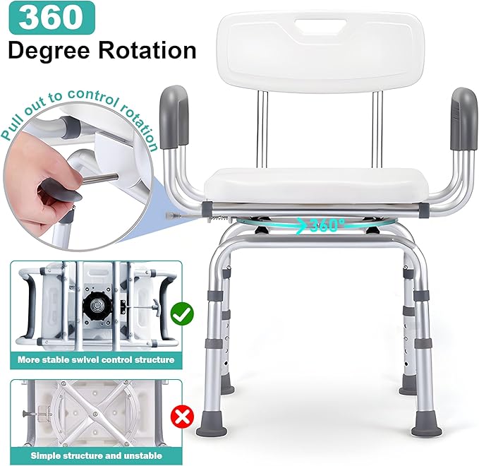 PETKABOO 360 Degree Shower Chair Swivel,Portable Seat with Armrests and Back, Adjustable Height Seat for Bathtub (White1)