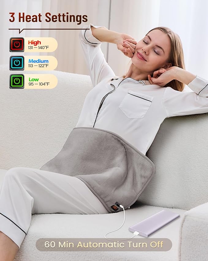 USB Heating Pad, Portable Heating Pad for Travel, 18"x 14" Small 5V Electric Heating Pad, Washable, 3 Heat Settings, Auto Shut Off, Heat Therapy for Period Cramps Back Pain Relief, Grey